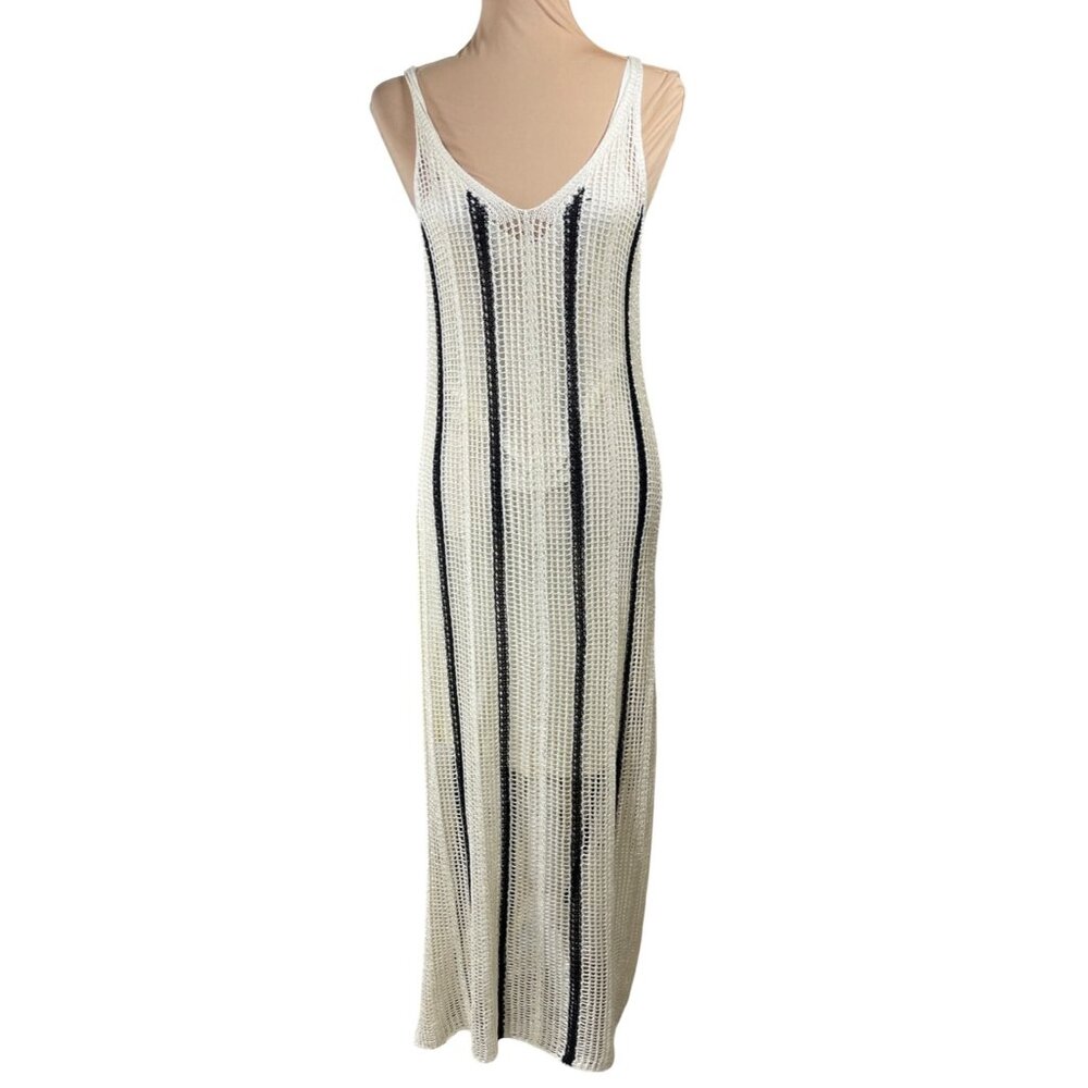 A New Day Mesh Maxi Dress Size M Medium Cream Black Stripe Sundress Beach - Picture 1 of 7